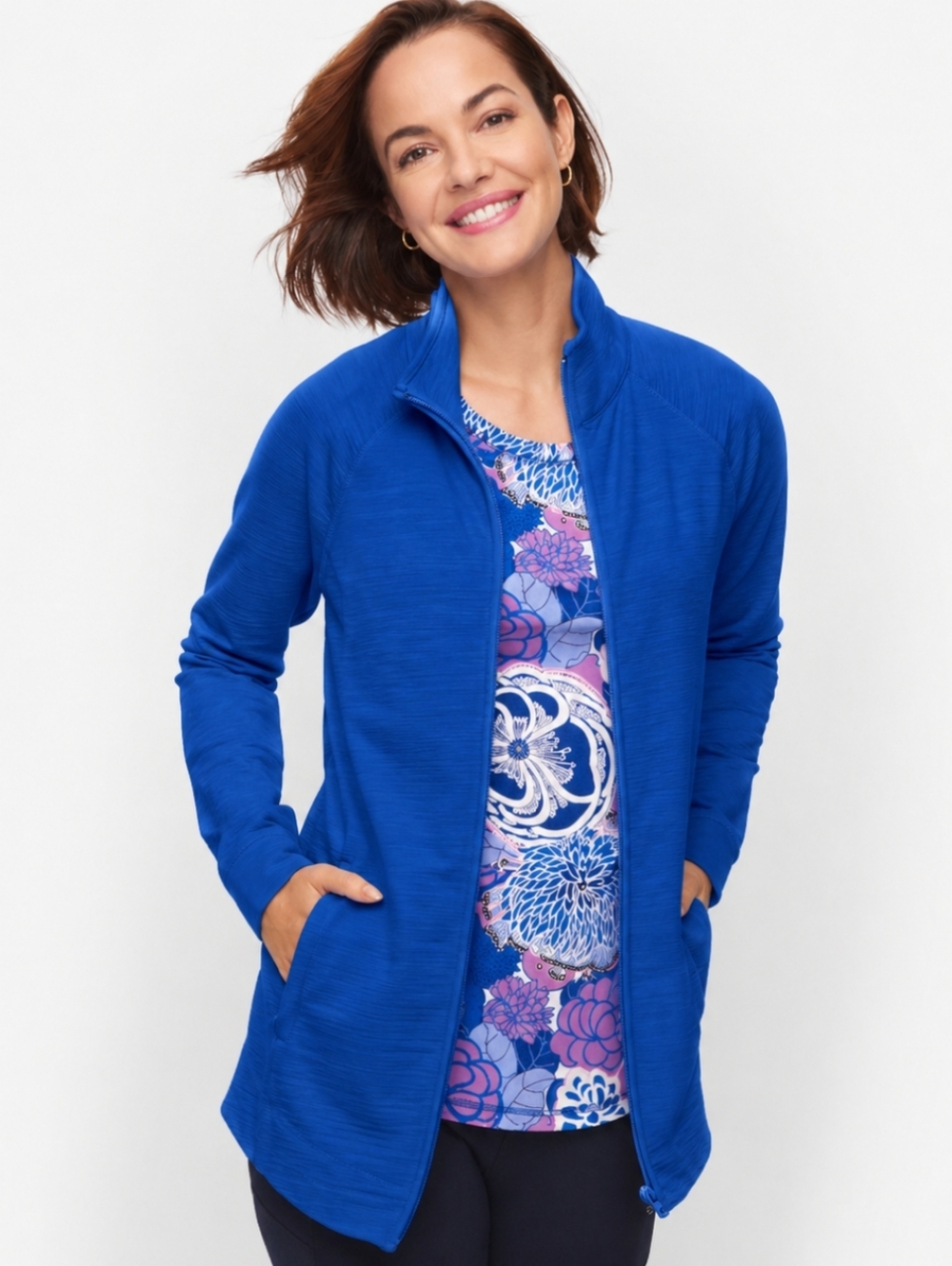 Talbots Sporty Blue Jacket Slub Terry UPF 50 Cozy Crush Athleisure Sz LP